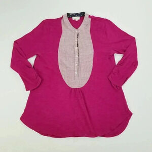 Meadow Rue Small Magenta Women's Long Sleeve 1/2 Button Stripe Cotton Henley Top